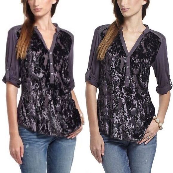Anthropologie Tops - Anthropologie Tiny Embellished Floral Velvet burn out Henley Top XS Silk Gray